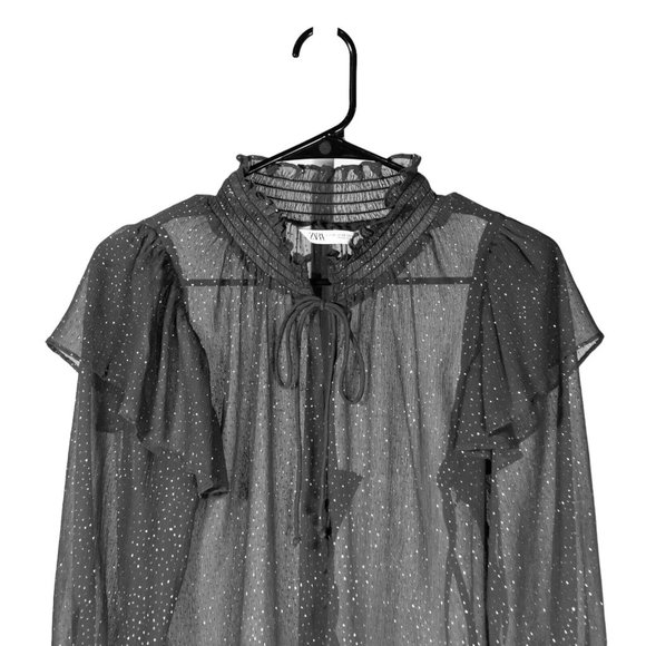 Zara Women's Blouse Gray Sparkle Button Ruffle Neck Tie Sheer Long Sleeve Top XS - Picture 6 of 10